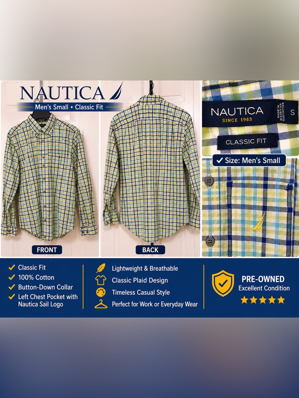 Nautica Yellow and Blue Plaid Long-Sleeve Button-Down Shirt